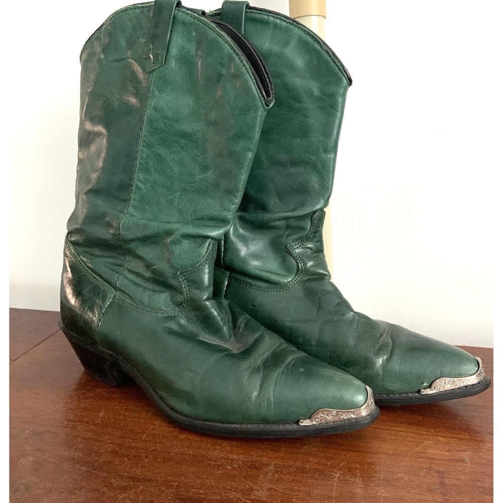 Vtg Dingo Silver Tone Metal Tip Green Leather Cowboy Books Women sz 8M